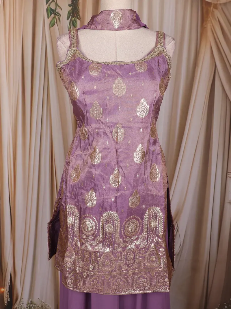 Lavender Zari Woven Design Silk Palazzo Suit With Dupatta 2