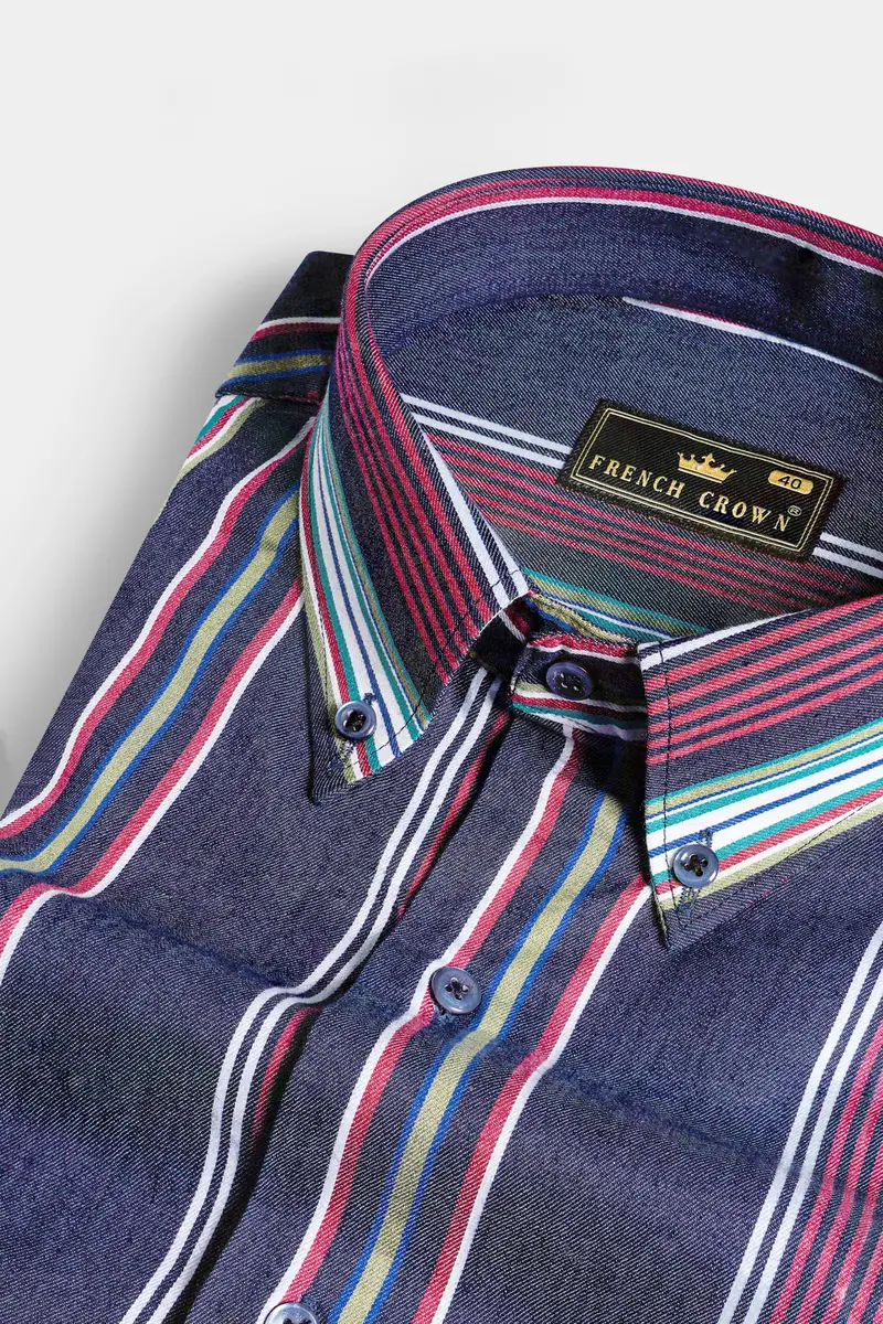 Lead Blue And Vale Pink Multicoloured Striped Indigo Denim Shirt 1