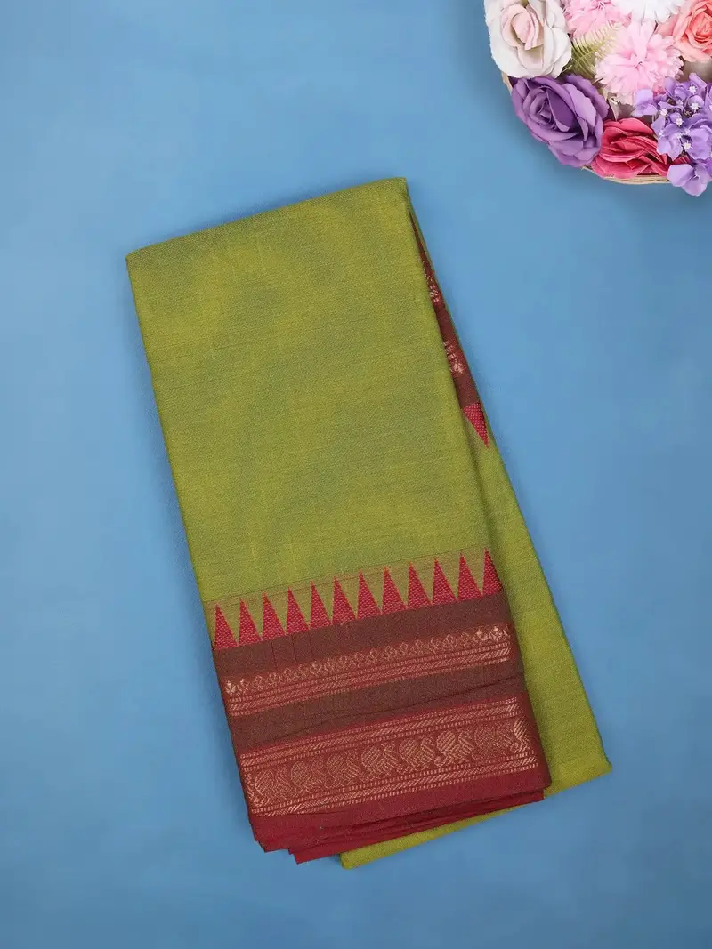 Leaf Green Cotton Saree With Maroon & Zari Border 1