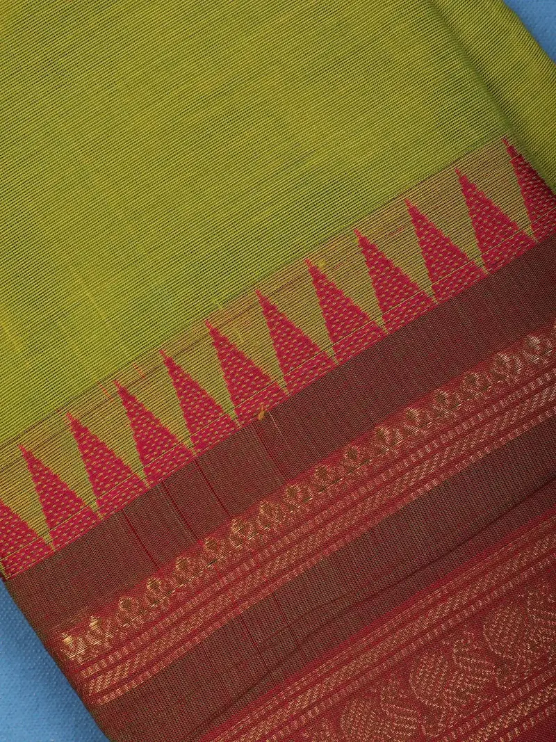 Leaf Green Cotton Saree With Maroon & Zari Border 2
