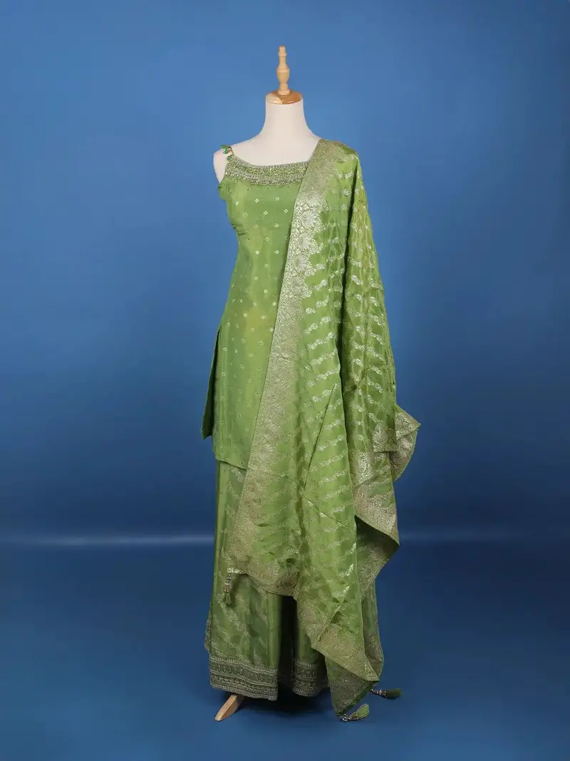 Leaf Green Dotted Design Silk Palazzo Suit 1