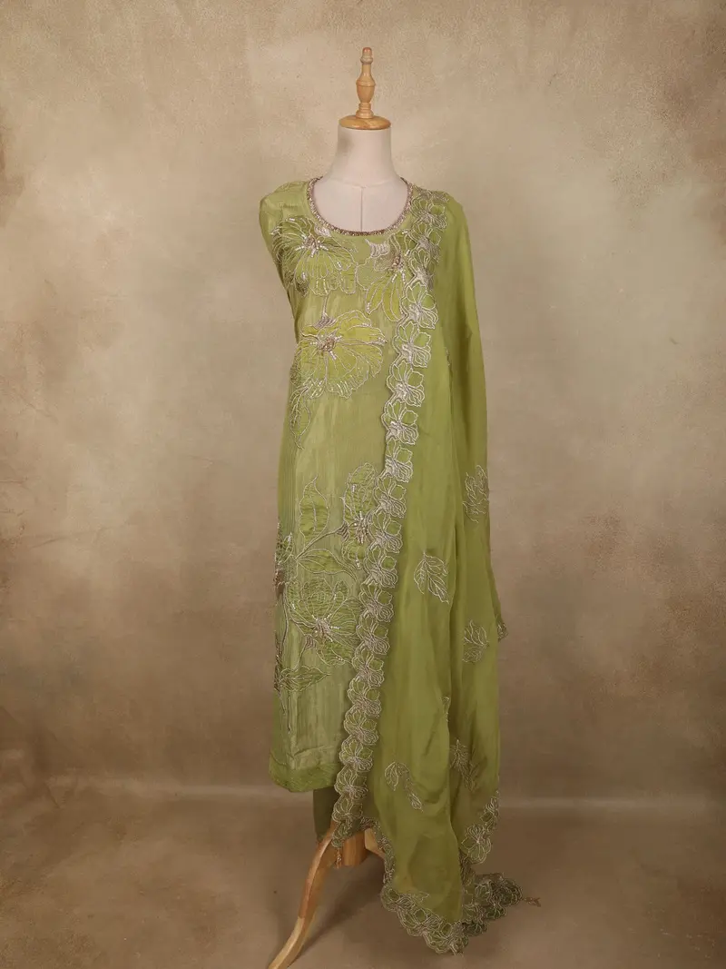 Leaf Green Floral Beads Embroidered Design Tissue Unstitched Salwar Material With Dupatta 1