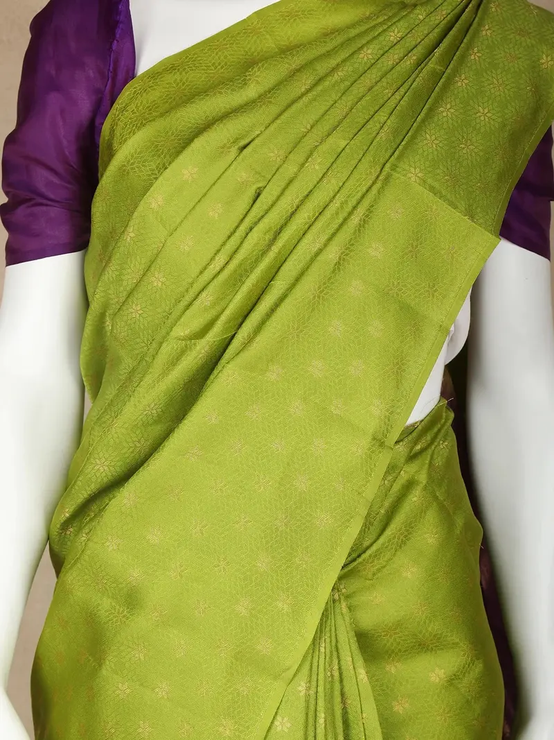 Leaf Green Floral Design Pure Kanchipuram Silk Saree 2