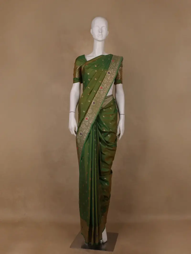 Leaf Green Floral Design Semi Tissue Saree 1