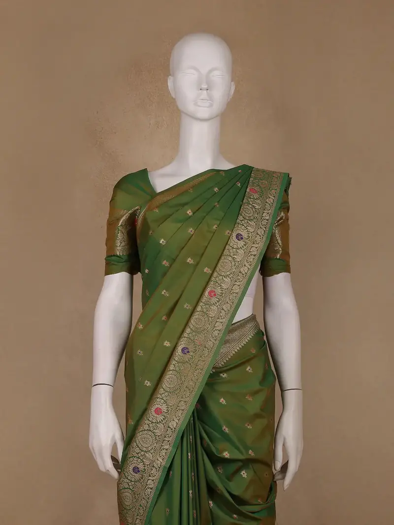 Leaf Green Floral Design Semi Tissue Saree 2