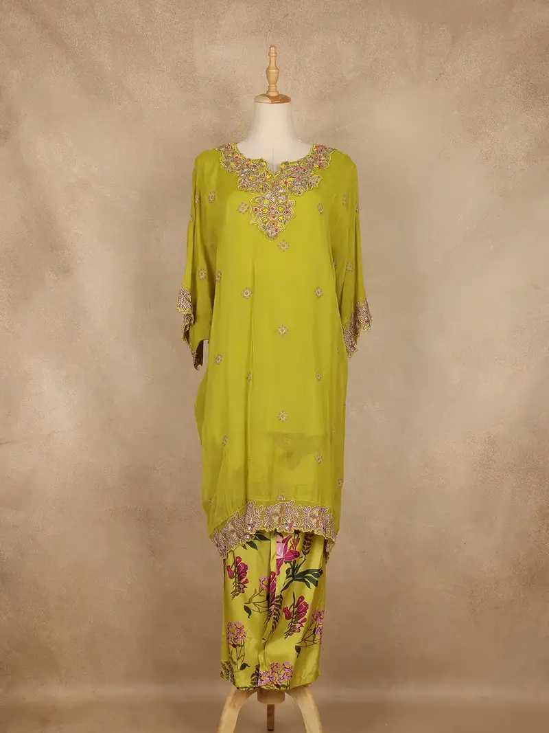 Leaf Green Floral Embroidered Georgette Kaftan Suit 1