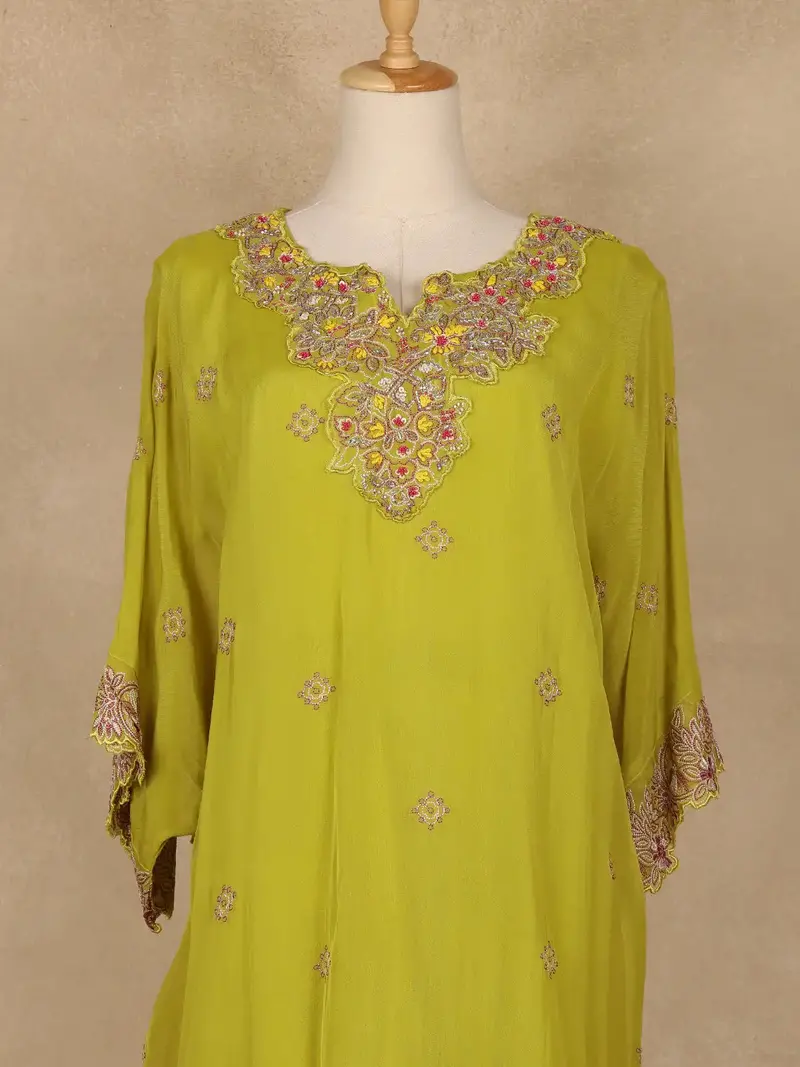 Leaf Green Floral Embroidered Georgette Kaftan Suit 2