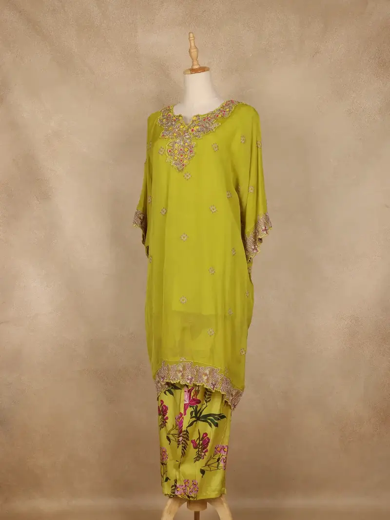Leaf Green Floral Embroidered Georgette Kaftan Suit 3
