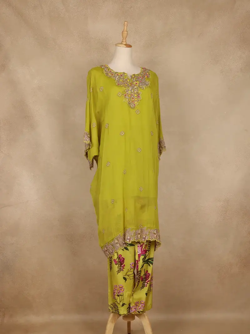 Leaf Green Floral Embroidered Georgette Kaftan Suit 4