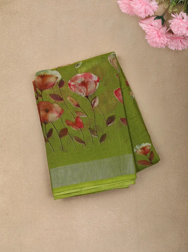 Leaf Green Floral Printed Design Mixed Cotton Casual Wear Saree 1