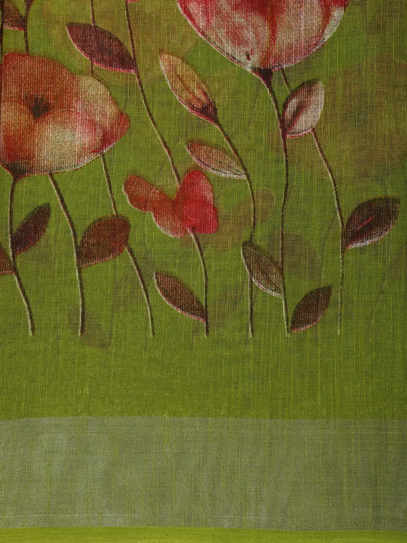 Leaf Green Floral Printed Design Mixed Cotton Casual Wear Saree 2