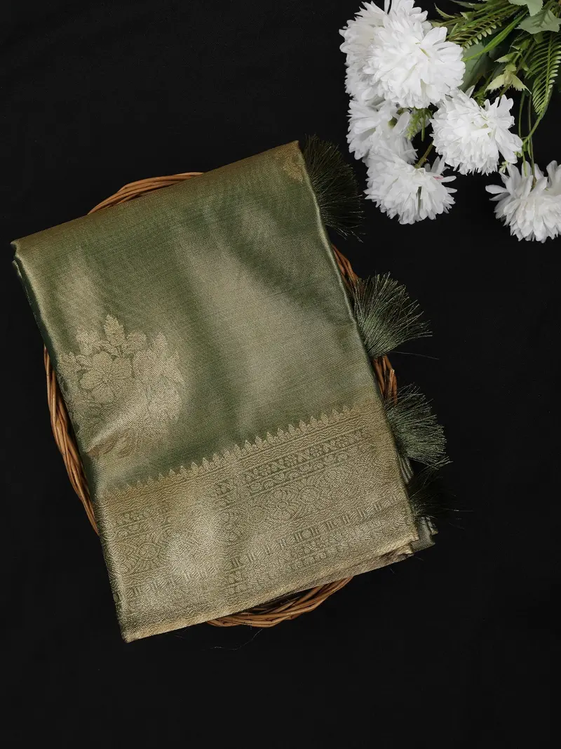 Leaf Green Floral Zari Woven Design Tissue Silk Fancy Saree With Zari Border 1