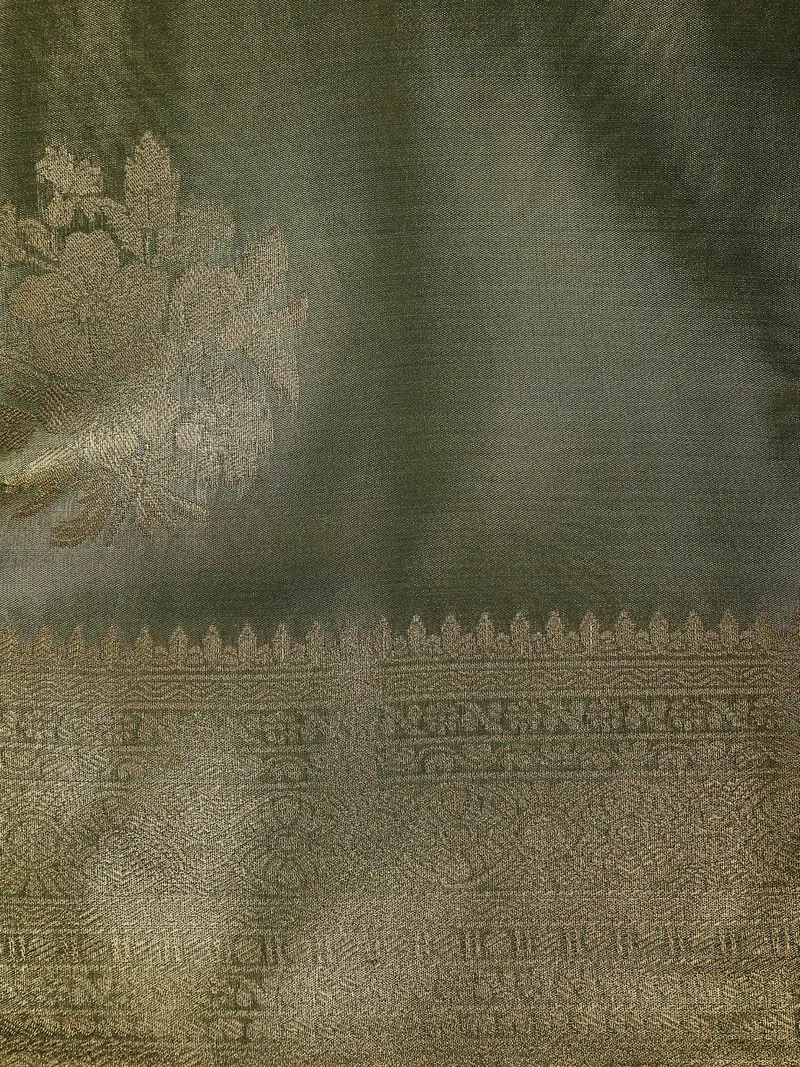 Leaf Green Floral Zari Woven Design Tissue Silk Fancy Saree With Zari Border 2
