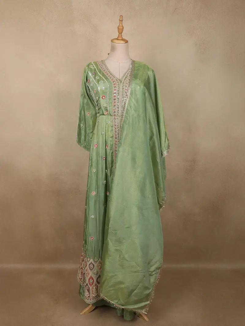 Leaf Green Heavy Sequins And Beads Embroidered Design Tissue Silk Mastani Lehenga With Dupatta 1
