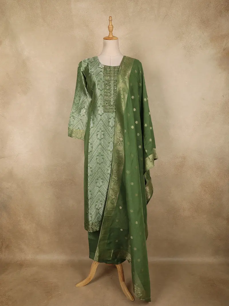 Leaf Green Paisley Zari Woven Design Banarasi Silk Salwar Suit With Dupatta 1