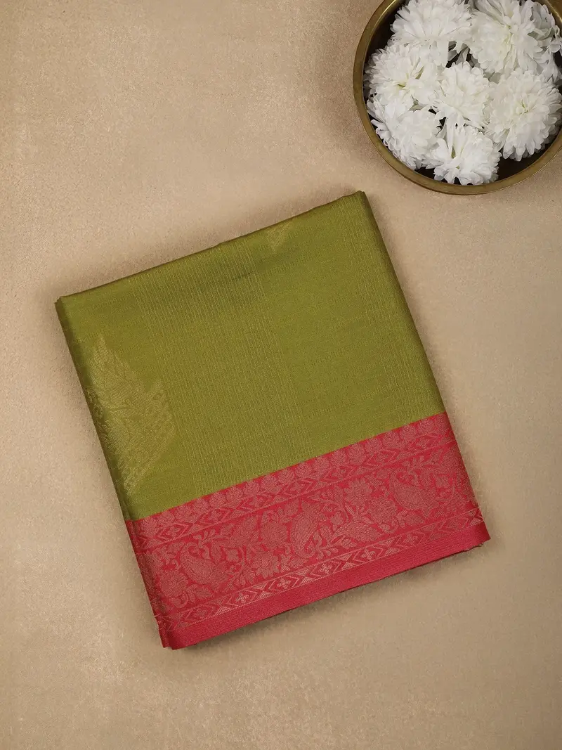 Leaf Green Semi Silk Stripes And Floral Printed Saree 1