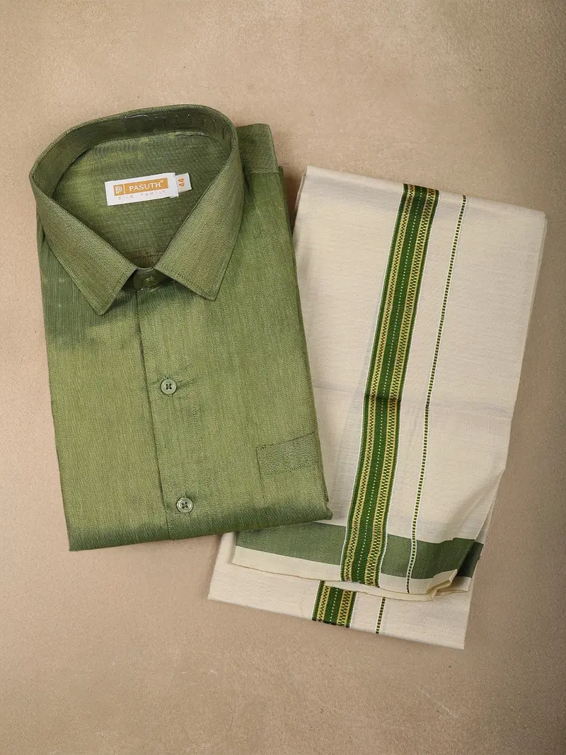 Leaf Green Solid Woven Design Shirt With Cream Dhoti And Teal Gold Zari Border Set 1
