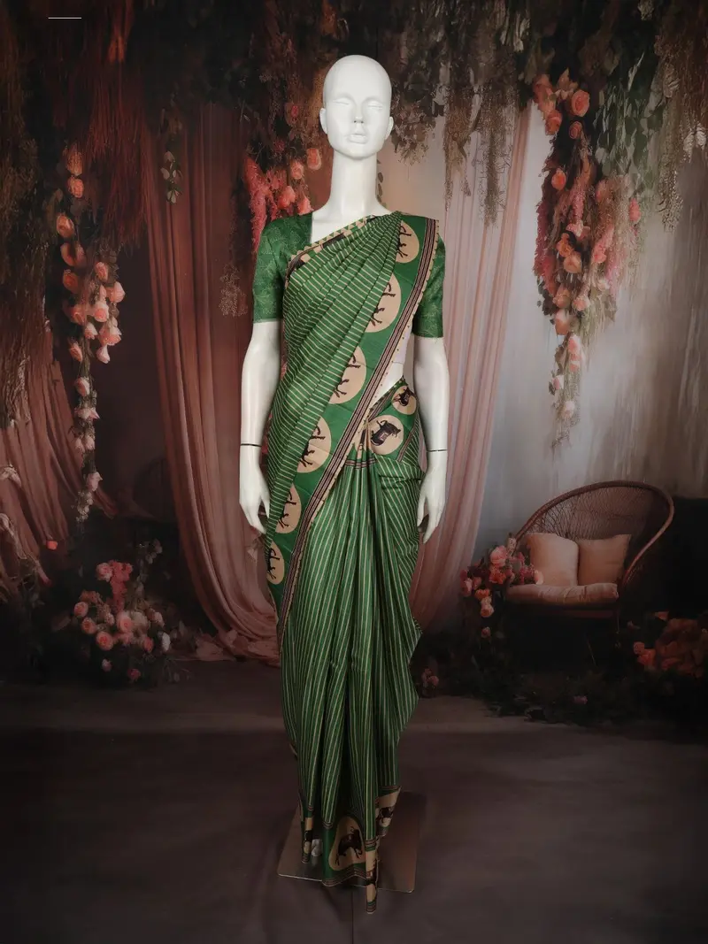 Leaf Green  Striped Design Tussar Saree With Cow Motif Border 1