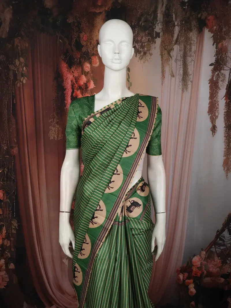 Leaf Green Striped Design Tussar Saree With Cow Motif Border 2