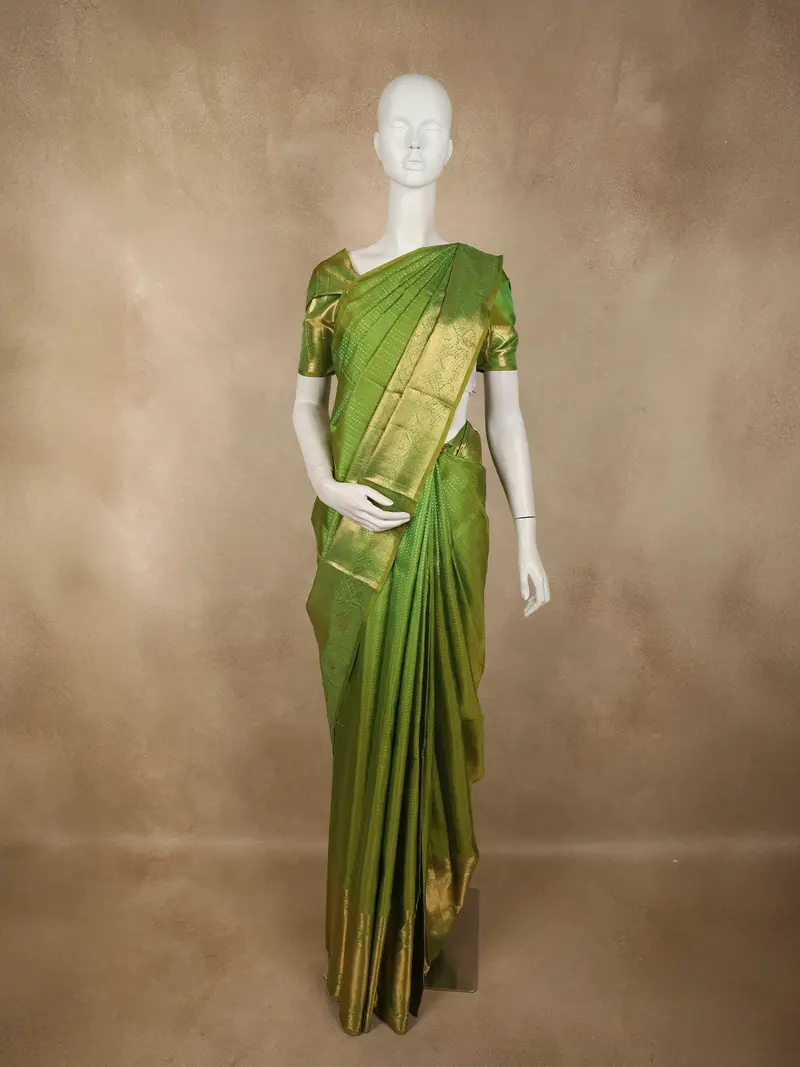 Leaf Green Striped Zari Woven Design Pure Kanchipuram Silk Saree With Zari Border 1