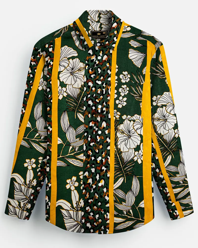 Leaforo-Rangitoto Green And Squash Yellow Floral Printed Super Soft Tencel Casual Shirt 1