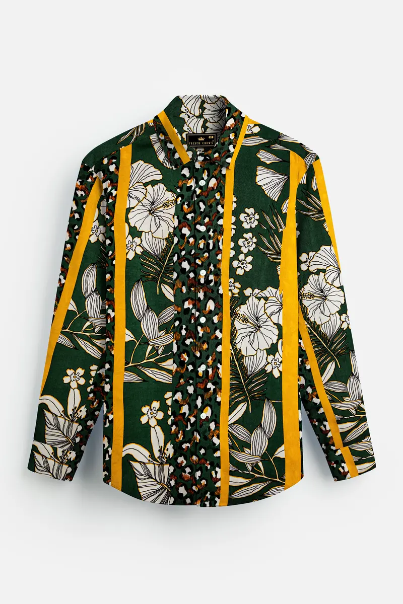 Leaforo-Rangitoto Green And Squash Yellow Floral Printed Super Soft Tencel Casual Shirt 2