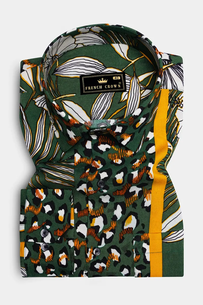 Leaforo-Rangitoto Green And Squash Yellow Floral Printed Super Soft Tencel Casual Shirt 5
