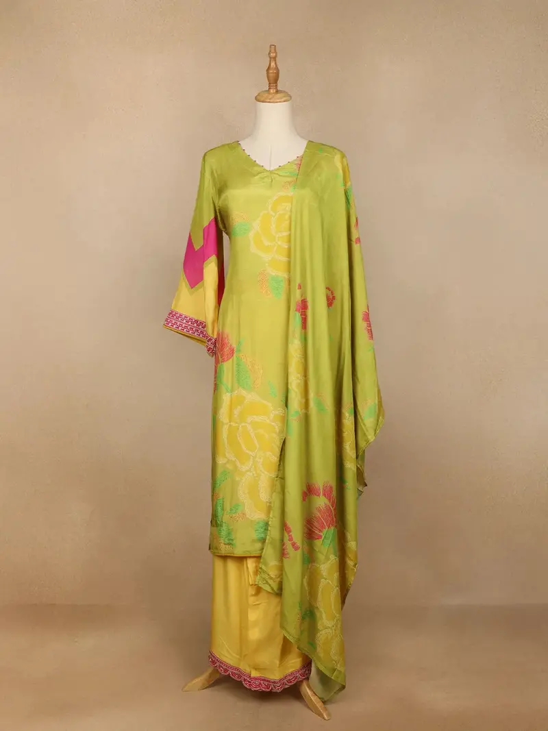 Lemon Green Floral Design Semi Silk Salwar Palazzo Suit 1