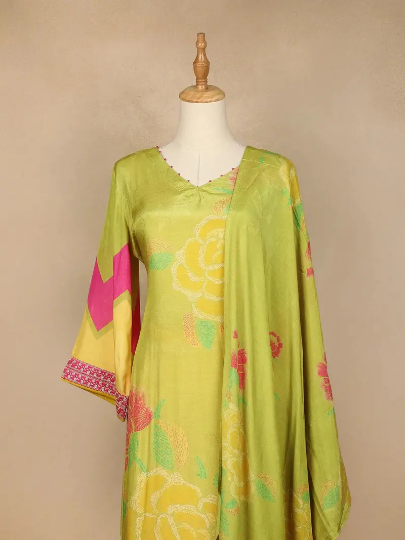 Lemon Green Floral Design Semi Silk Salwar Palazzo Suit 2