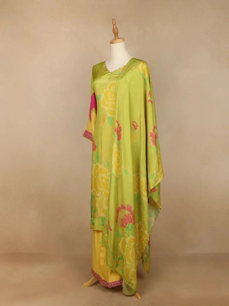 Lemon Green Floral Design Semi Silk Salwar Palazzo Suit 3
