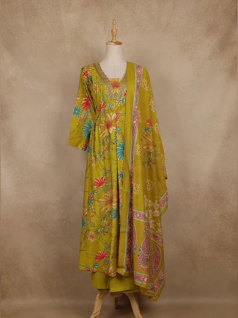Lemon Green Floral Printed Cotton Salwar Suit With Dupatta 1