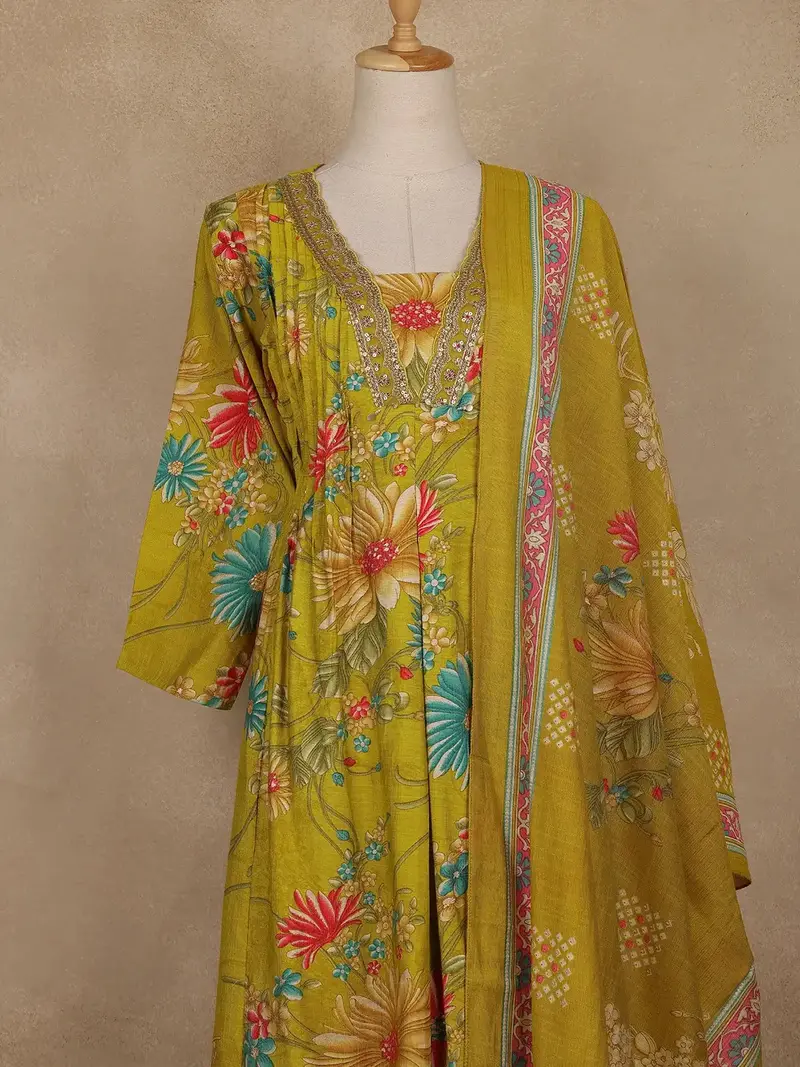 Lemon Green Floral Printed Cotton Salwar Suit With Dupatta 2