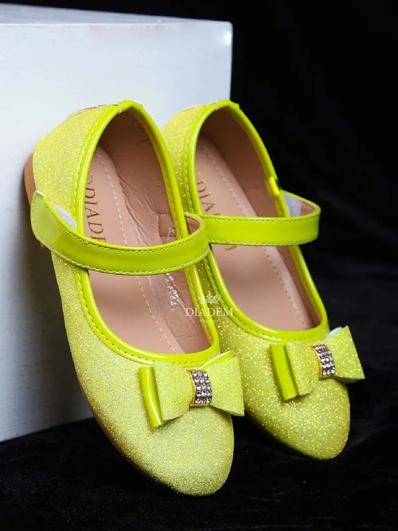 Lemon Green Glitter Ballerinas With Attached Bow For Girls 1