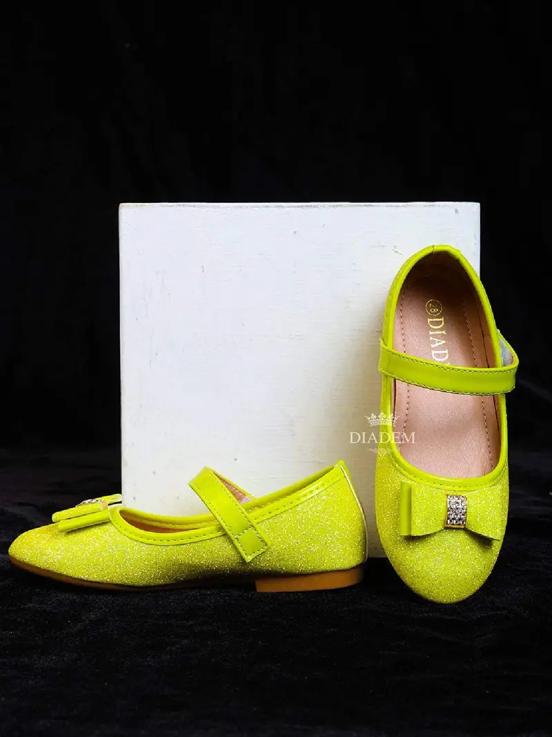 Lemon Green Glitter Ballerinas With Attached Bow For Girls 2