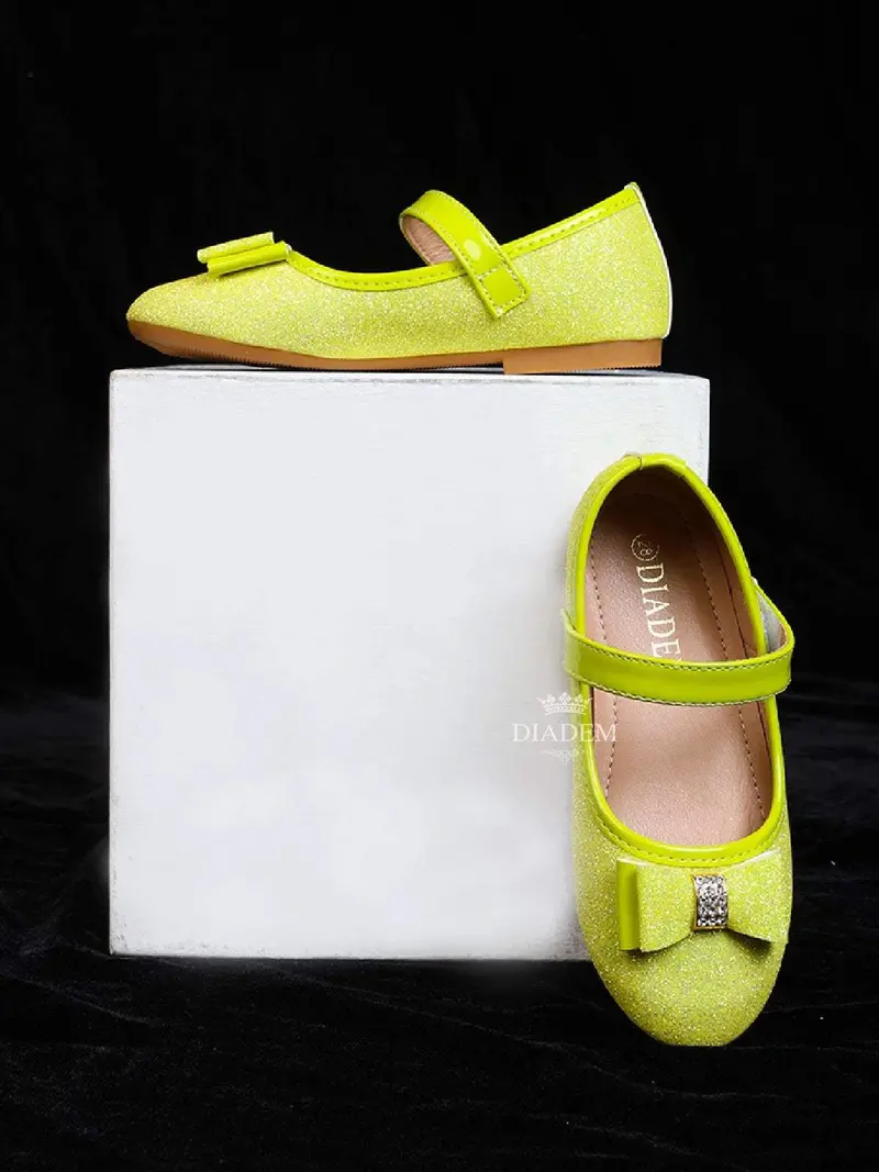 Lemon Green Glitter Ballerinas With Attached Bow For Girls 3