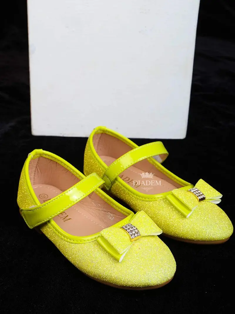 Lemon Green Glitter Ballerinas With Attached Bow For Girls 4