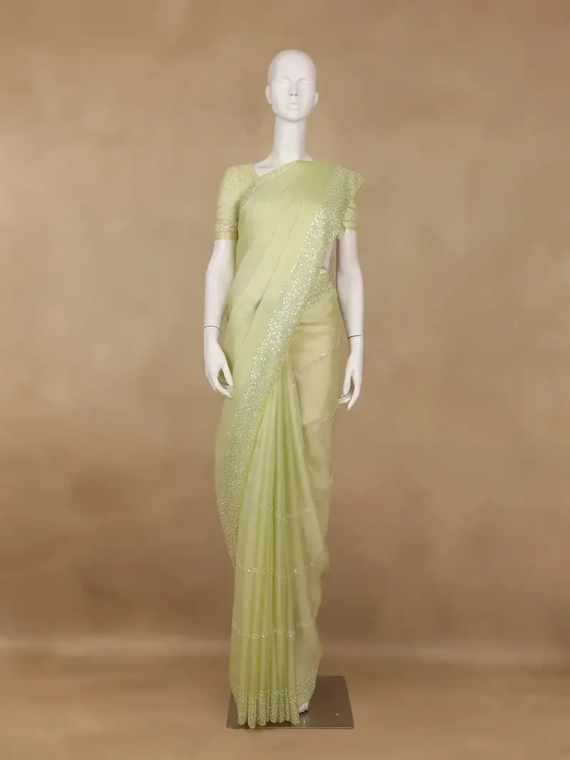 Lemon Green Sequin Embellishments Organza Saree 1