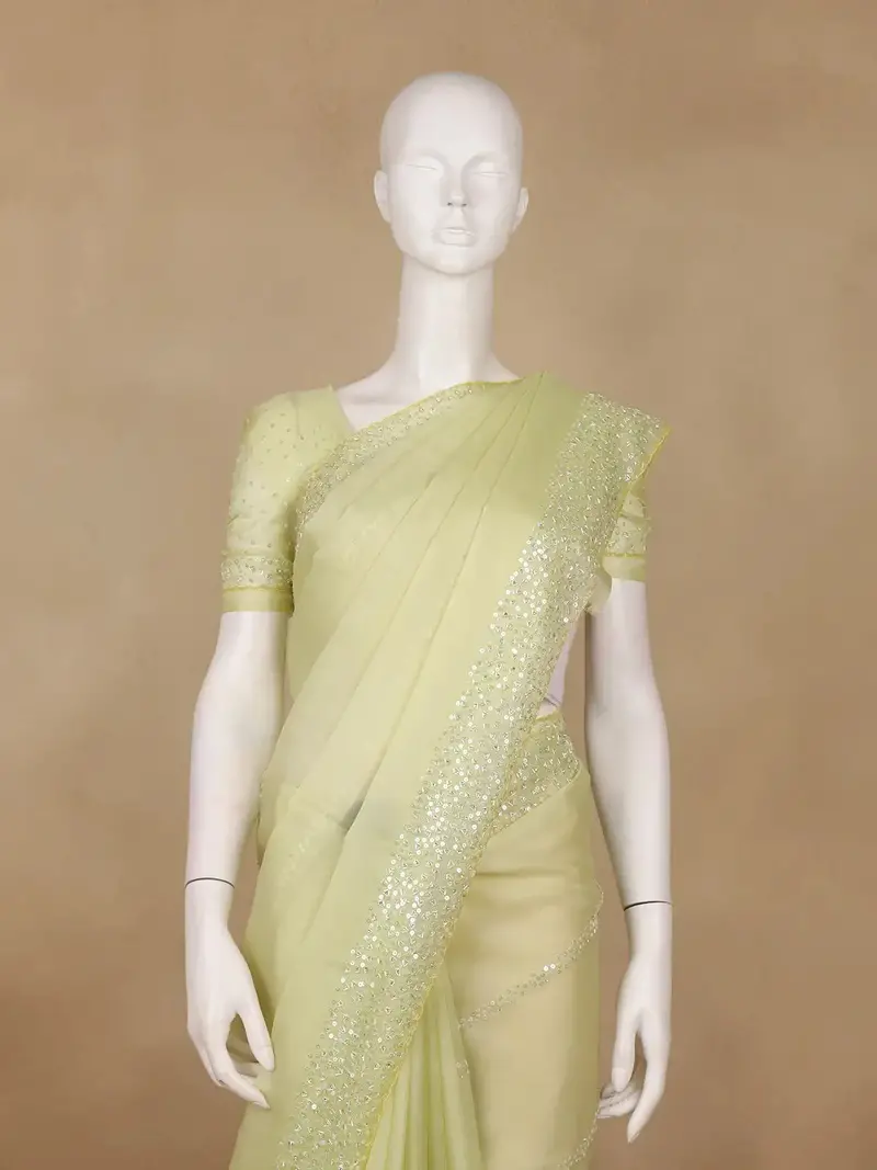 Lemon Green Sequin Embellishments Organza Saree 2