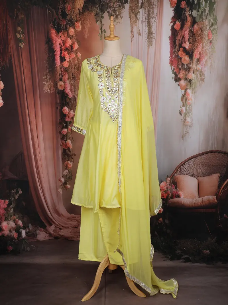 Lemon Yellow Floral Embroidered Cotton Salwar Suit With Dupatta 1