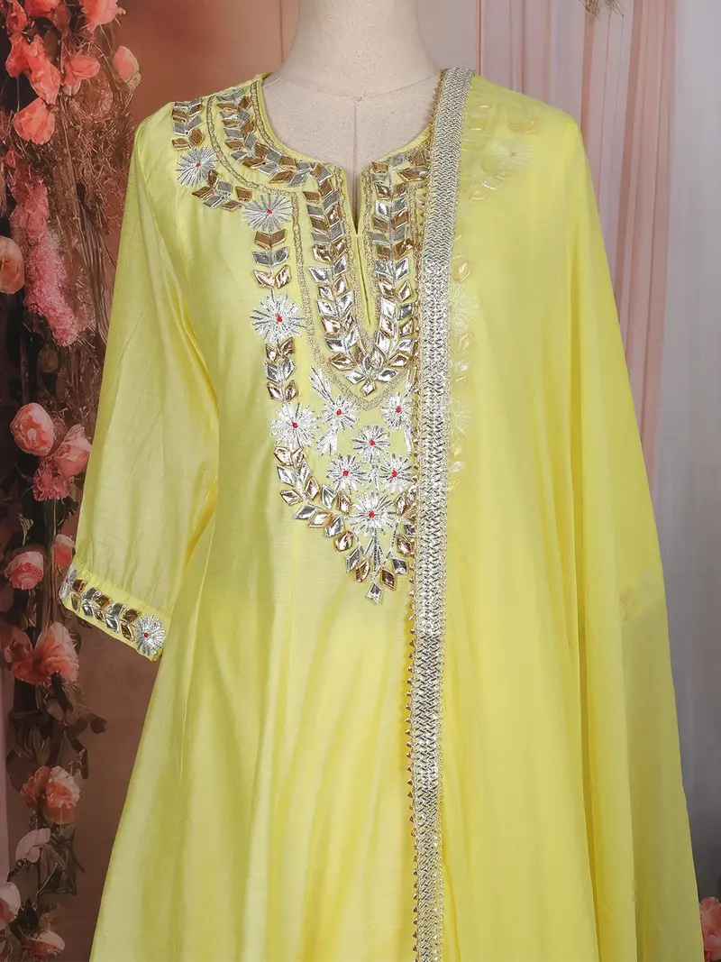 Lemon Yellow Floral Embroidered Cotton Salwar Suit With Dupatta 2