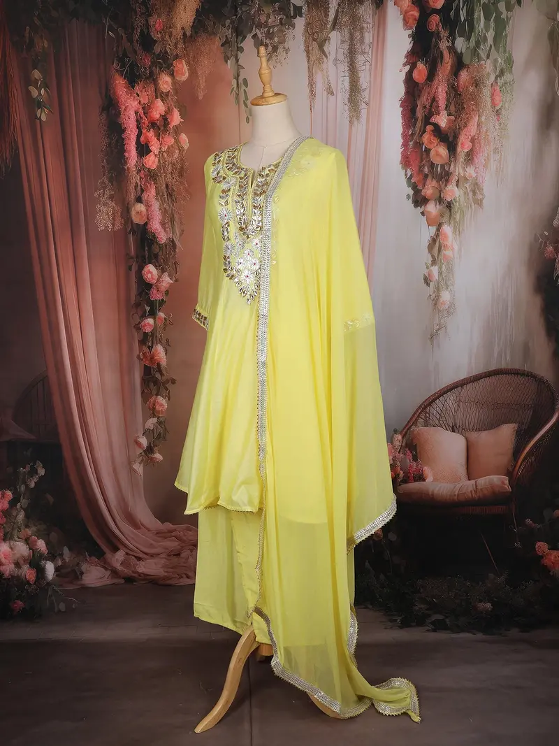 Lemon Yellow Floral Embroidered Cotton Salwar Suit With Dupatta 3