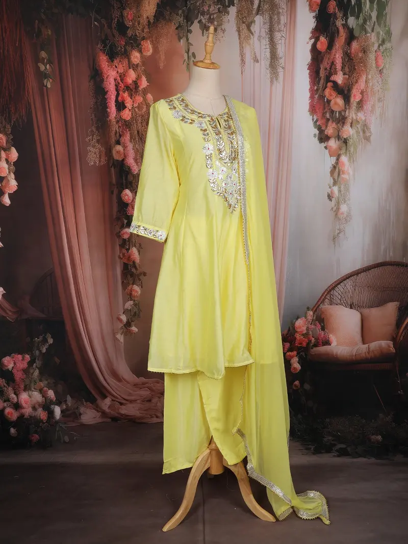 Lemon Yellow Floral Embroidered Cotton Salwar Suit With Dupatta 4