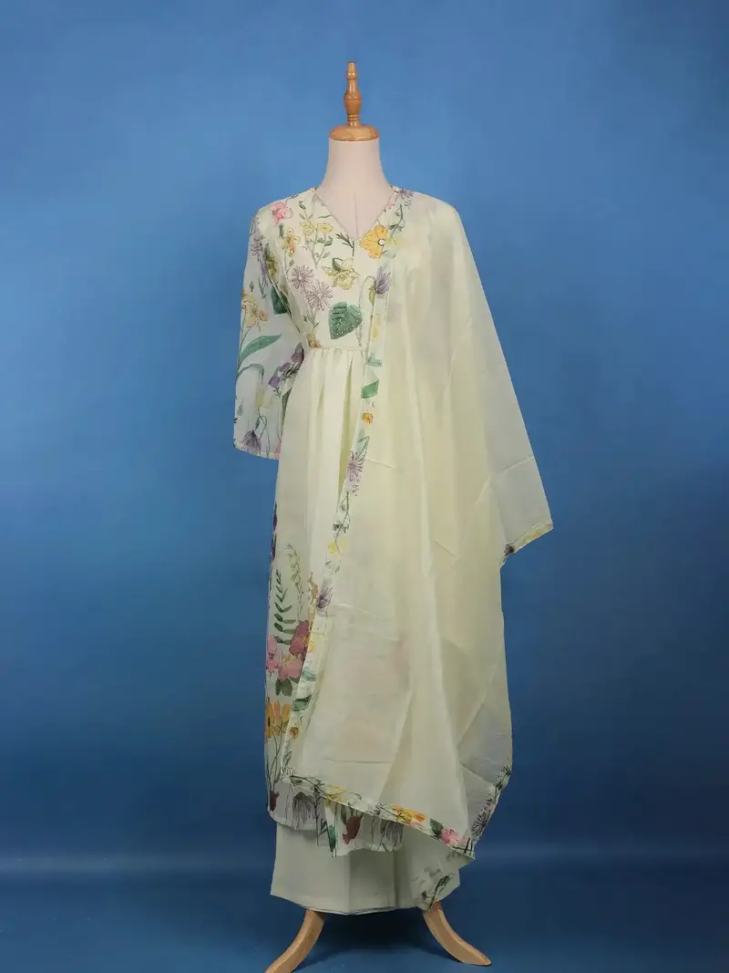 Lemon Yellow Floral Printed Cotton Anarkali Salwar Suit Set 1