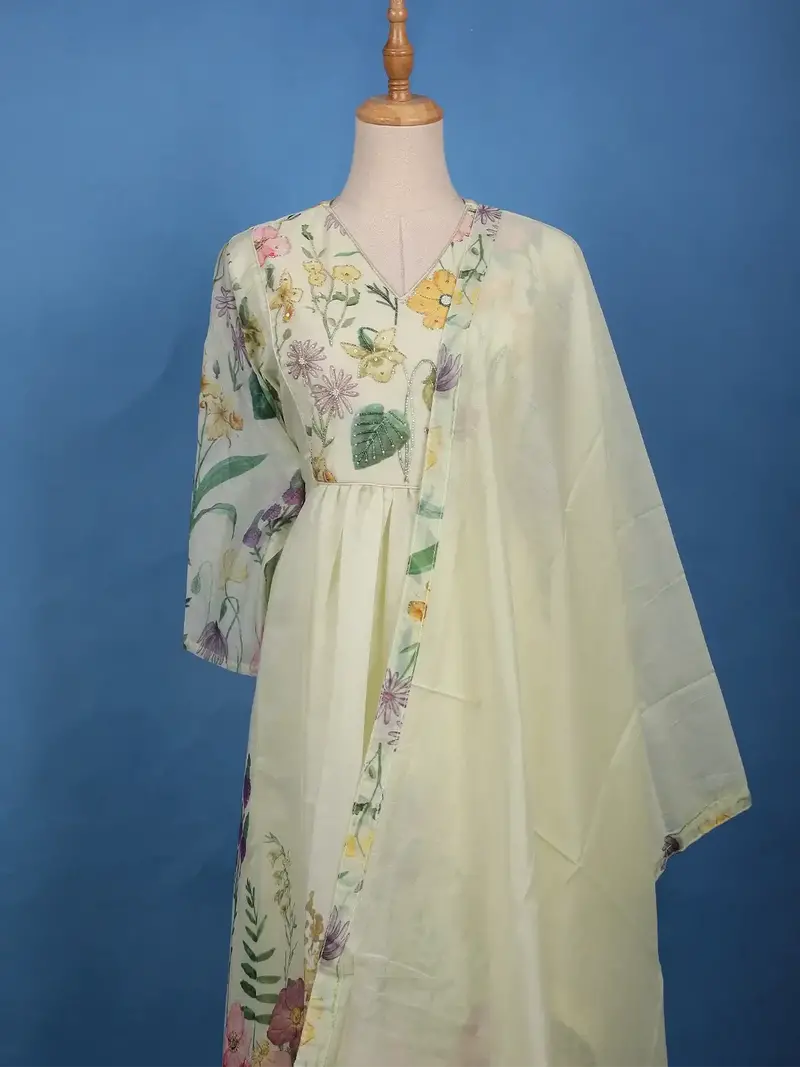 Lemon Yellow Floral Printed Cotton Anarkali Salwar Suit Set 2