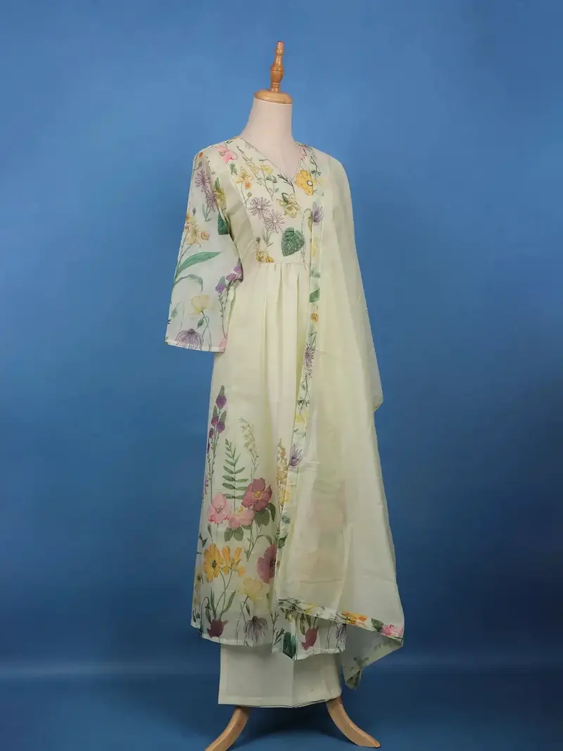 Lemon Yellow Floral Printed Cotton Anarkali Salwar Suit Set 3