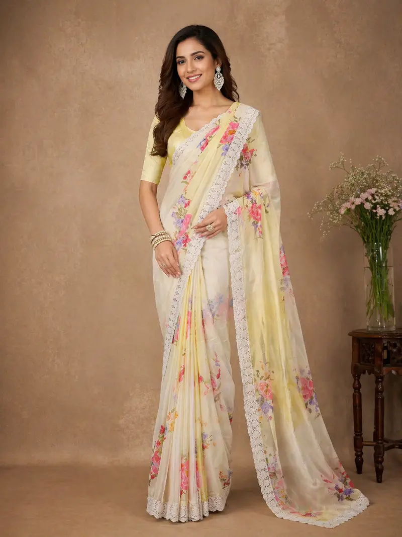 Lemon Yellow Floral Printed Synthetic Saree 1