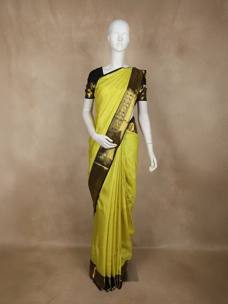 Lemon Yellow Kanchipuram Silk Saree With Small Checks On The Body And Contrast Zari Border 1