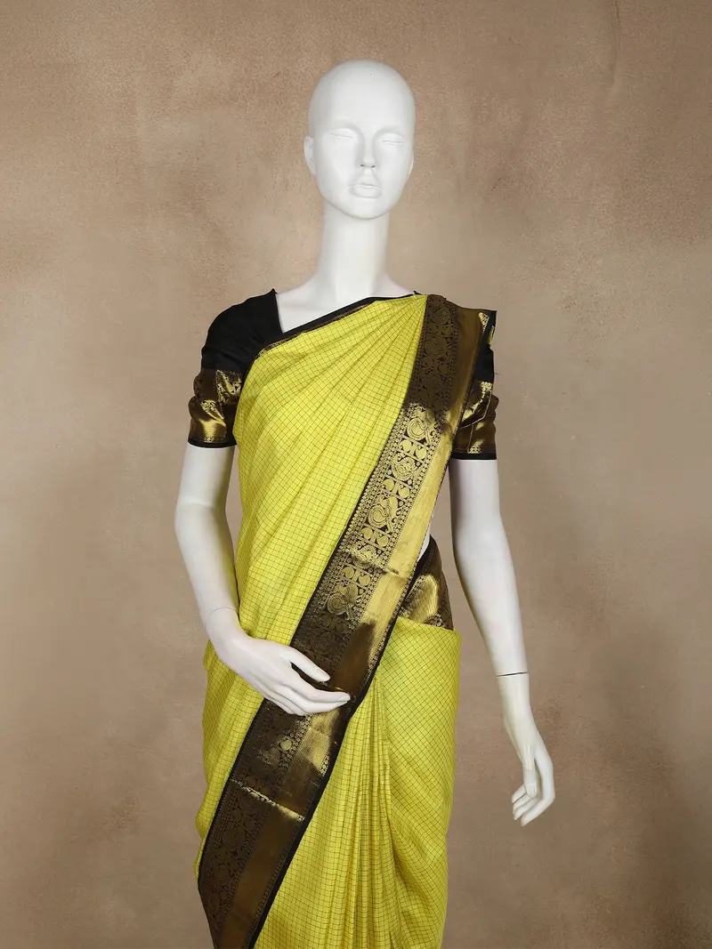 Lemon Yellow Kanchipuram Silk Saree With Small Checks On The Body And Contrast Zari Border 2