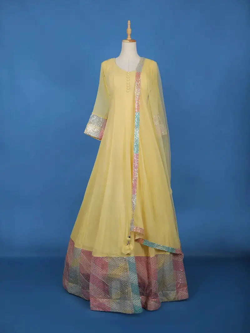 Lemon Yellow Panel Designed Anarkali Georgette Gown 1