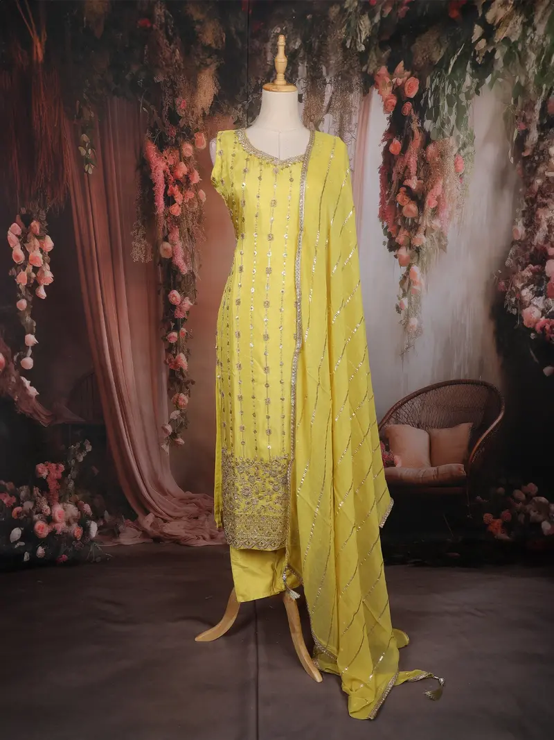 Lemon Yellow Sequins Embroidered Tissue Silk Suit With Dupatta 1